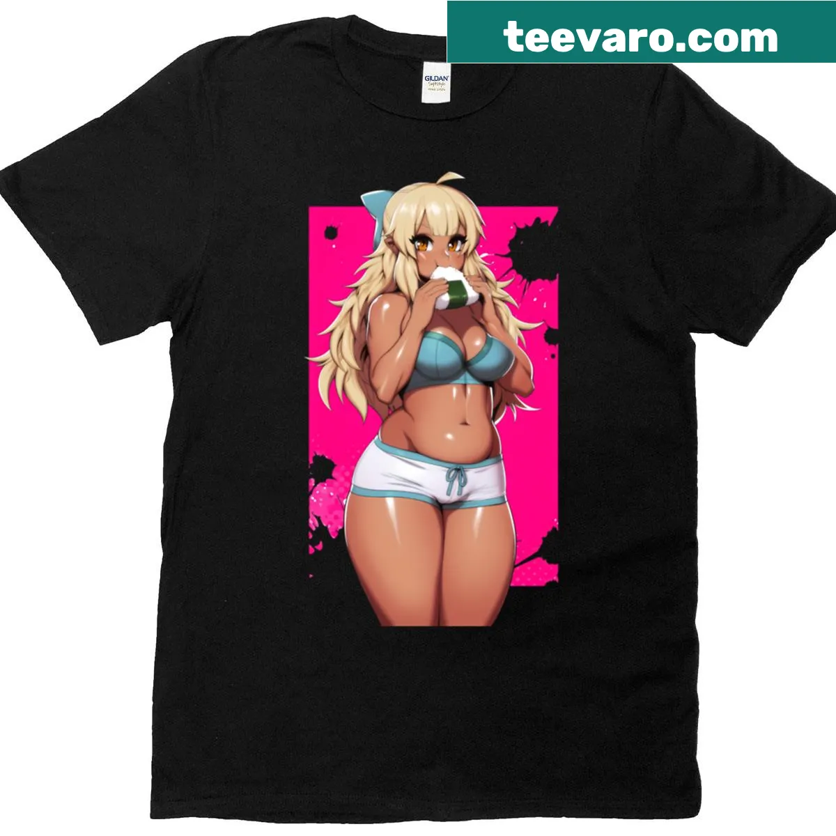Cute illustration of a waifu eating onigiri on a t-shirt — on a men's t-shirt