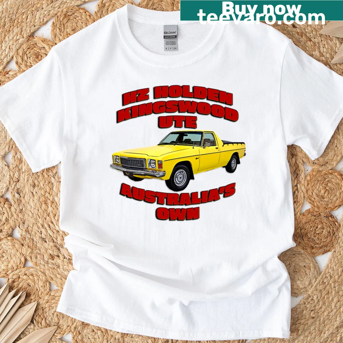 Cartoon style T-shirt featuring the Holden Kingswood Ute design — on a men's t-shirt