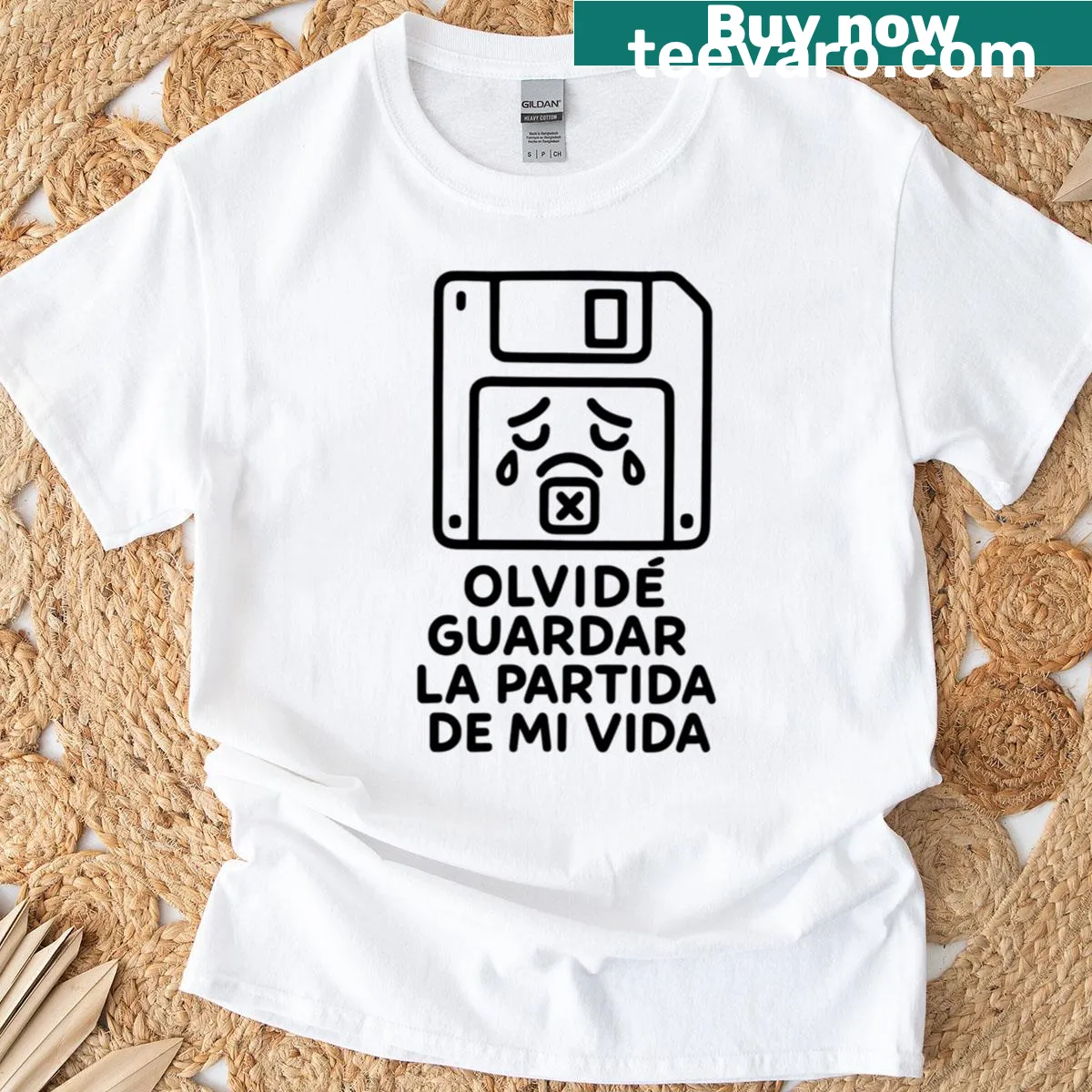 Funny gamer t-shirt with floppy disk and humorous gaming slogan — on a men's t-shirt