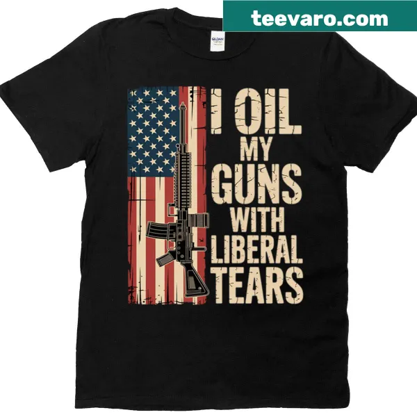 Bold typography T-shirt with the phrase 'I Oil My Guns'.