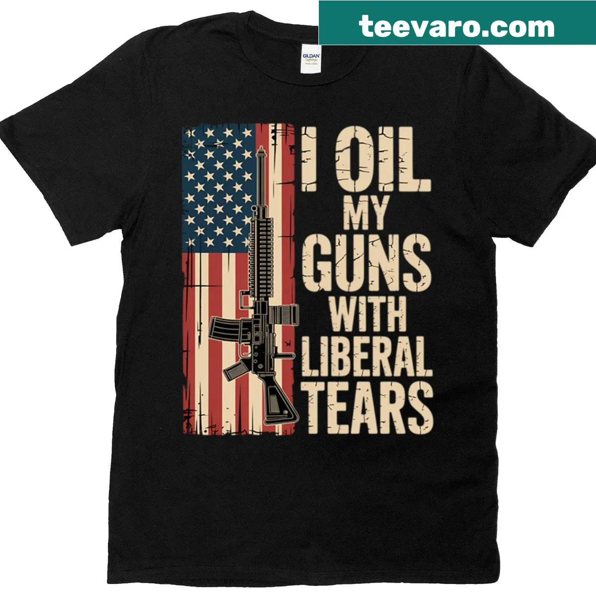 Bold typography T-shirt with the phrase 'I Oil My Guns'. — on a men's t-shirt