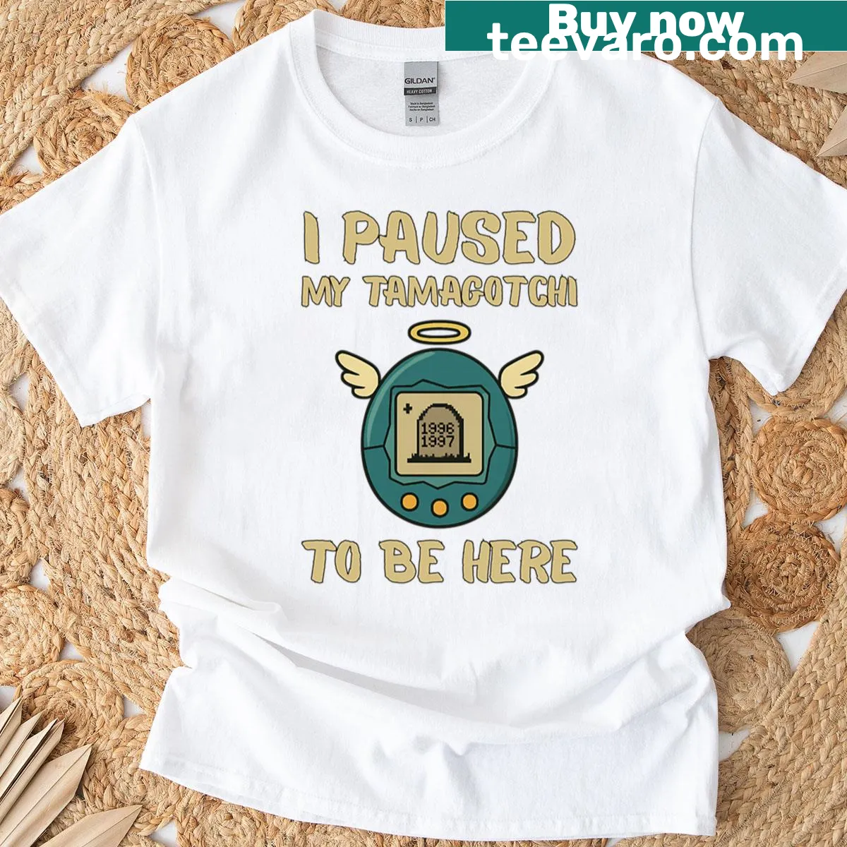 Retro t-shirt with 'I Paused My Tamagotchi To Be Here' text — on a men's t-shirt