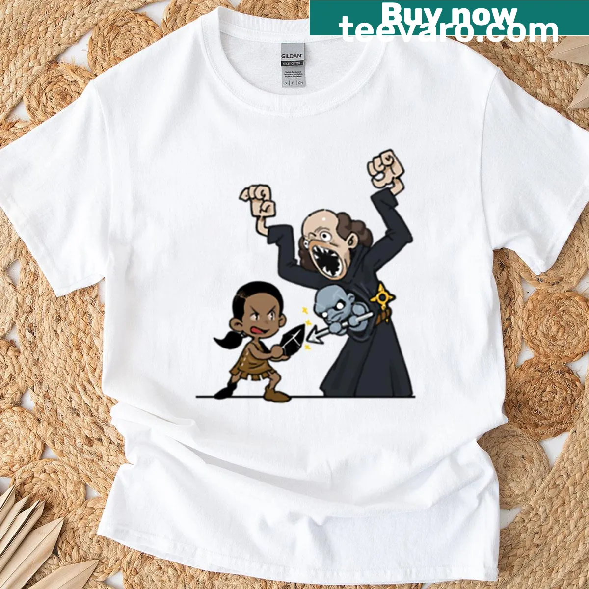 Illustration of Indian girl confronting a monster on T-shirt — on a men's t-shirt