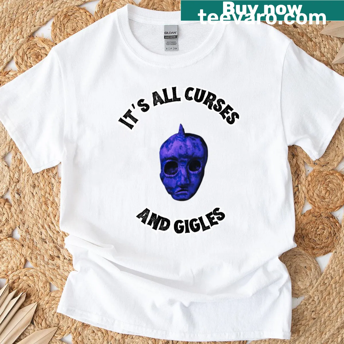 Surreal graphic of a masked head on a grunge humor T-shirt — on a men's t-shirt