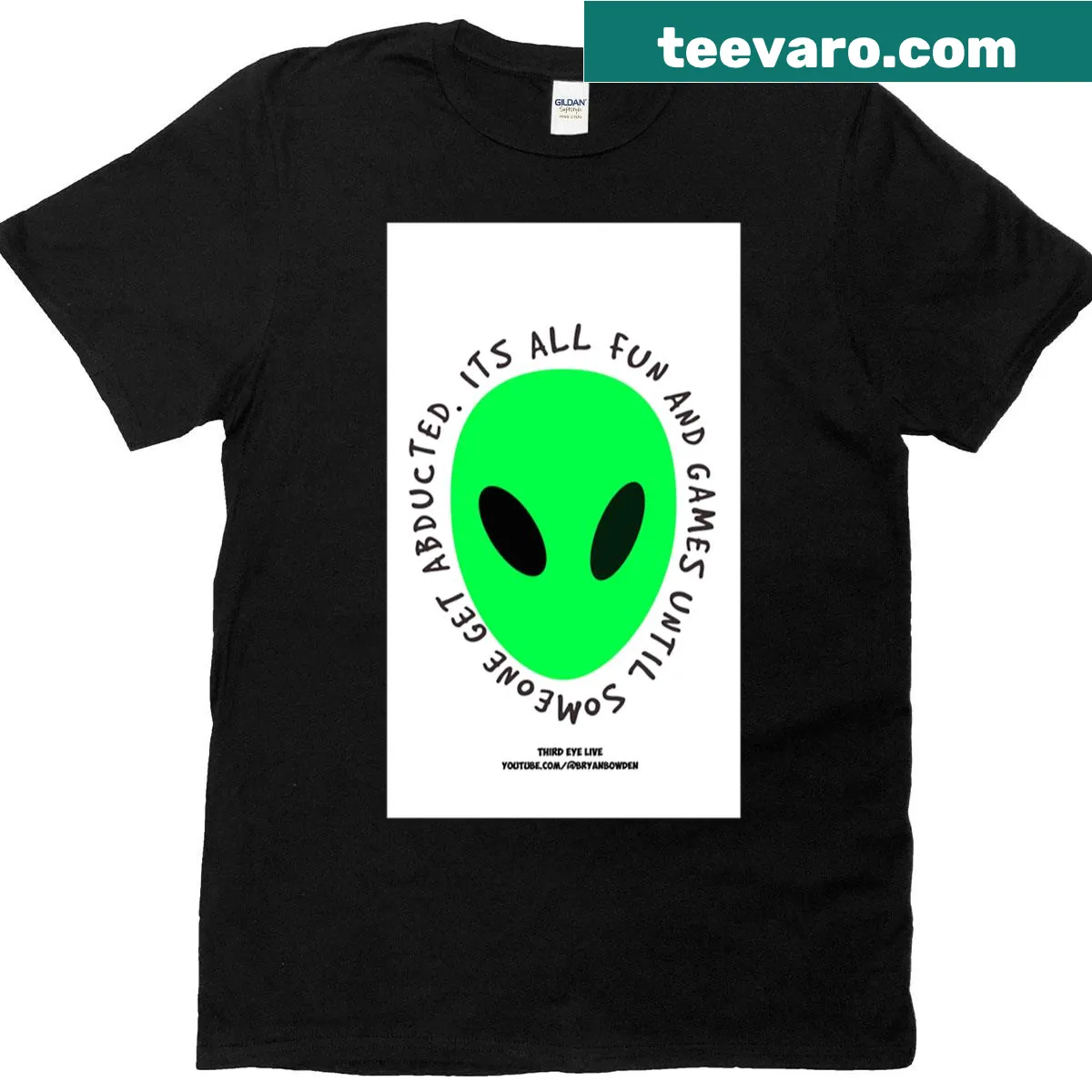 Funny t-shirt with text about alien abduction and third eye themes — on a men's t-shirt