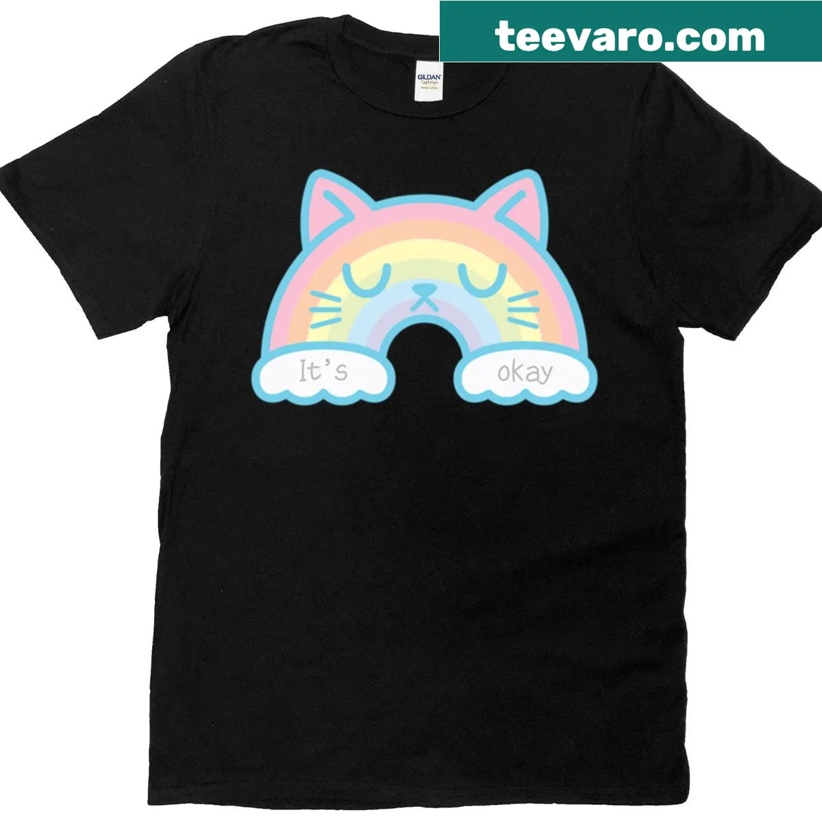 Wholesome t-shirt featuring a cheerful rainbow cat graphic — on a men's t-shirt