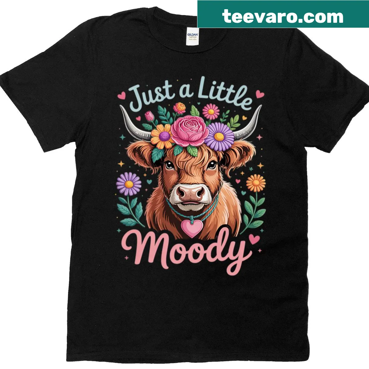 T-shirt featuring a moody Highland cow in a whimsical illustration style — on a men's t-shirt
