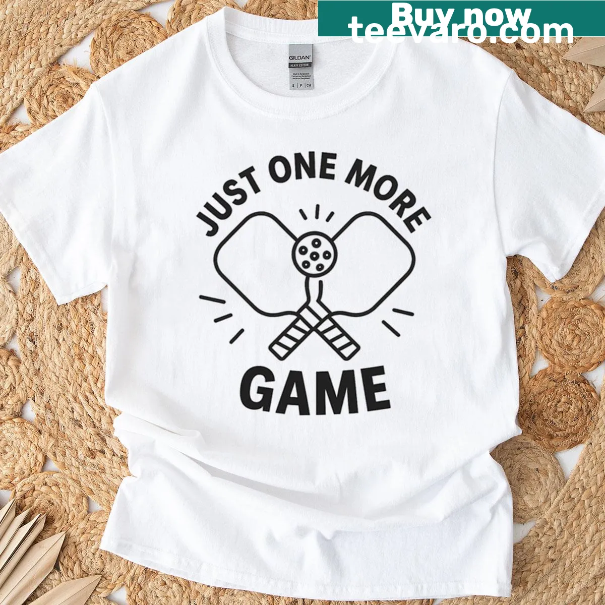 Casual t-shirt with text 'Just One More Game' — on a men's t-shirt