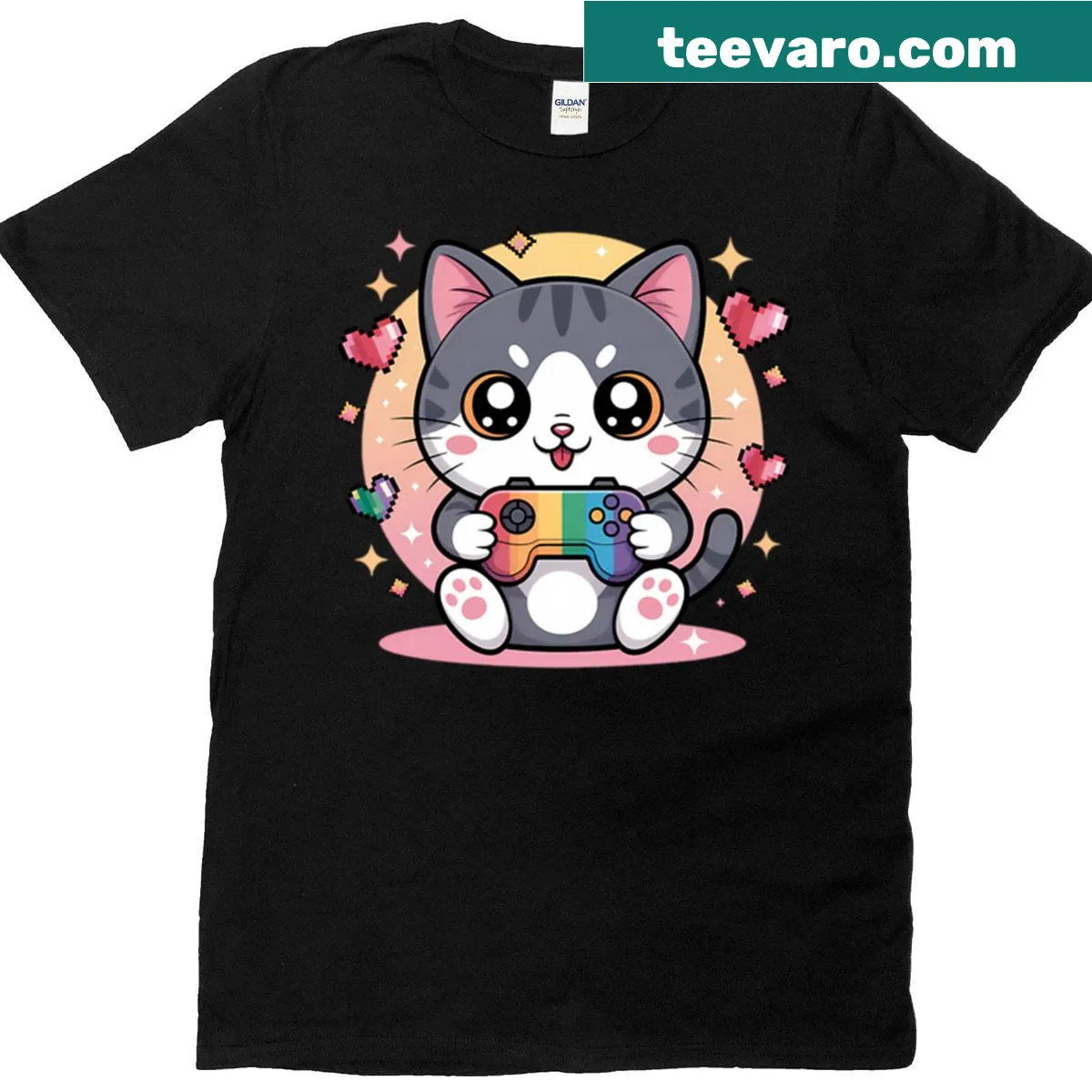 Cute pastel T-shirt with a cat playing video games — on a men's t-shirt