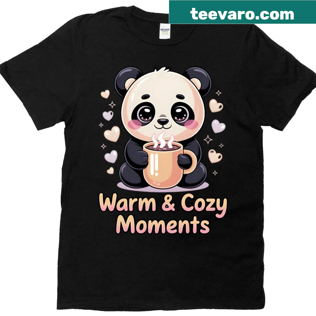 Cute T-shirt with a kawaii panda holding hot cocoa illustration — on a men's t-shirt