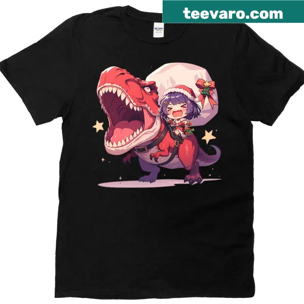 Chibi dinosaur T-shirt inspired by Genshin Impact featuring festive elements