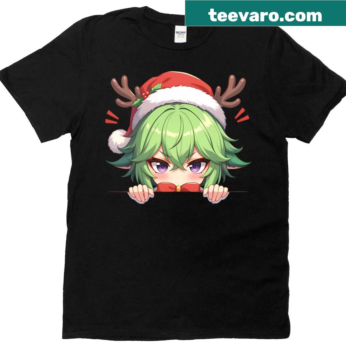 Kawaii Christmas t-shirt featuring Kuki Shinobu in chibi style — on a men's t-shirt
