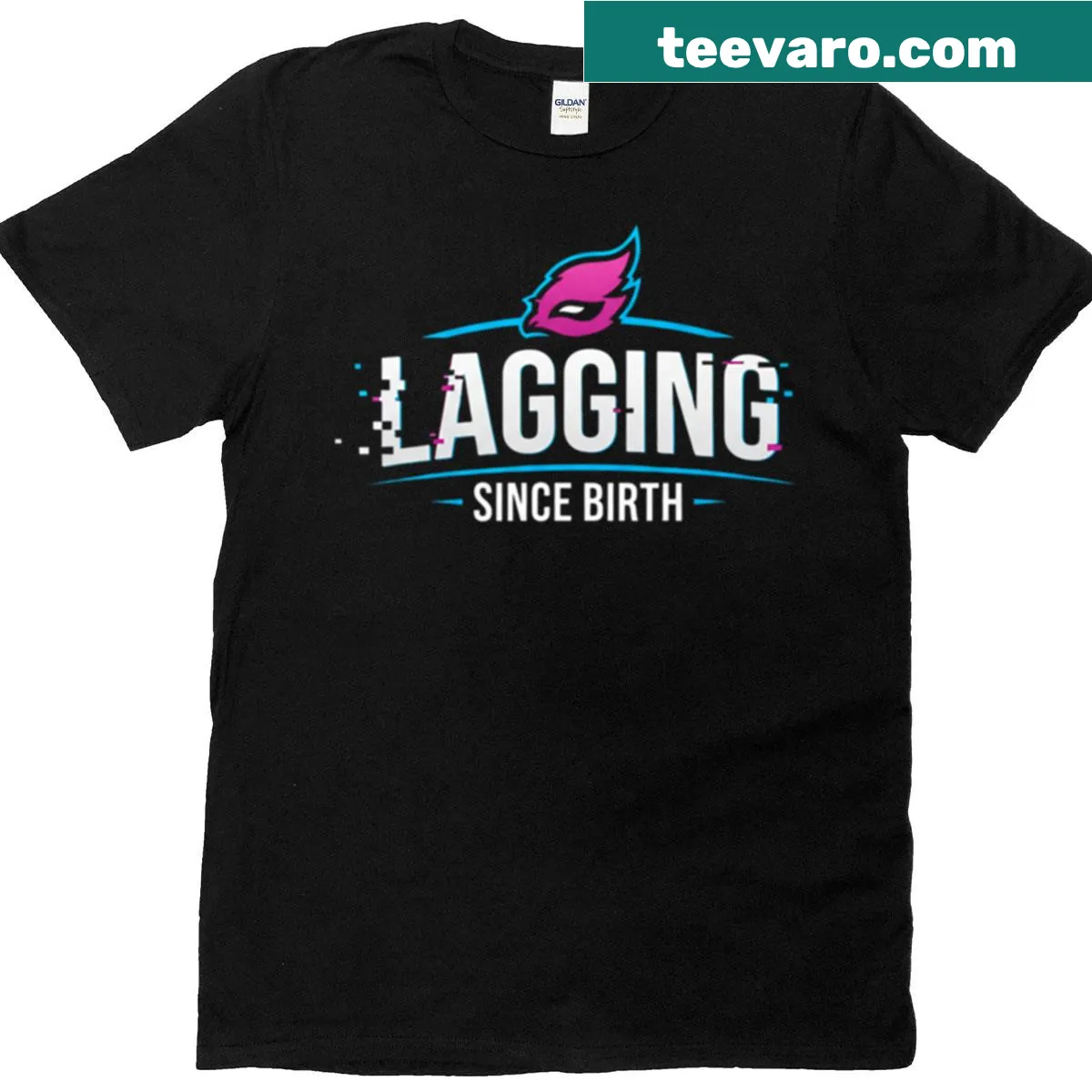 E-sport logo T-shirt with text 'Lagging Since Birth' for gamers — on a men's t-shirt