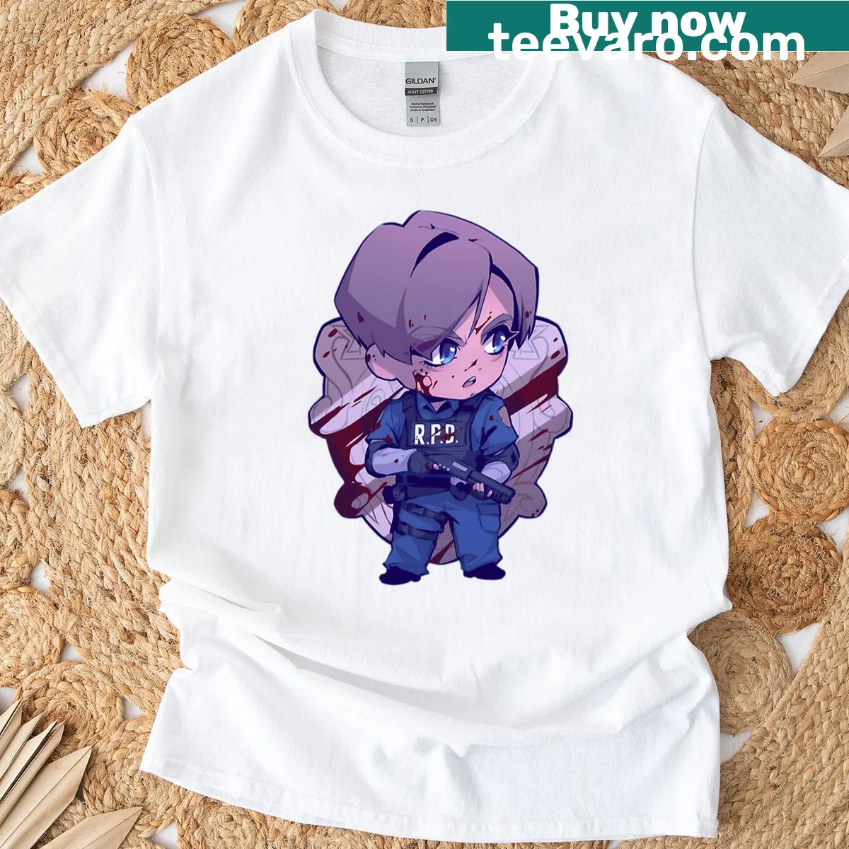 Leon Kennedy graphic t-shirt from Resident Evil 2 game — on a men's t-shirt