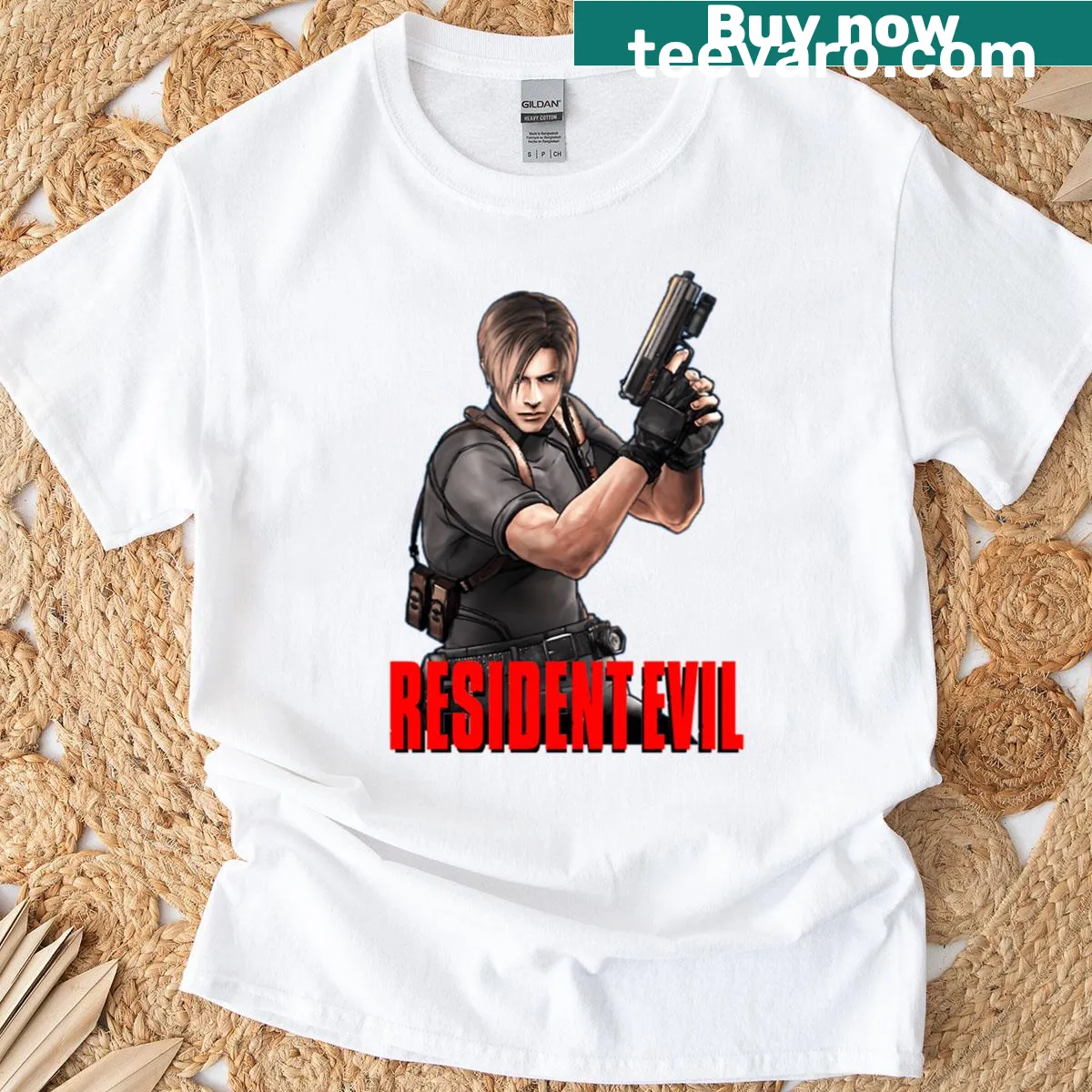 T-shirt featuring a graphic of Leon S. Kennedy from Resident Evil — on a men's t-shirt