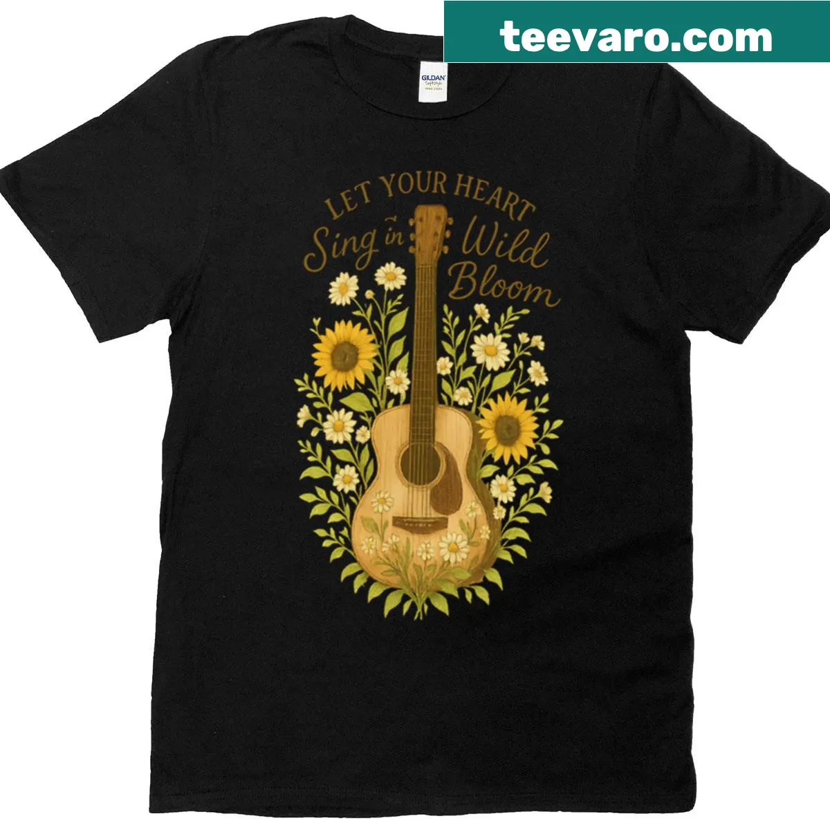 Illustrative T-shirt with guitar and flowers featuring 'Let Your Heart Sing In Wild Bloom' — on a men's t-shirt