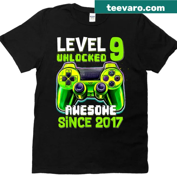 T-shirt celebrating a boy's 9th birthday with gaming theme
