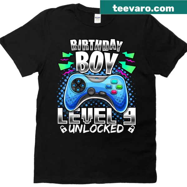 Level 9 Unlocked birthday t-shirt with playful typography for gamers