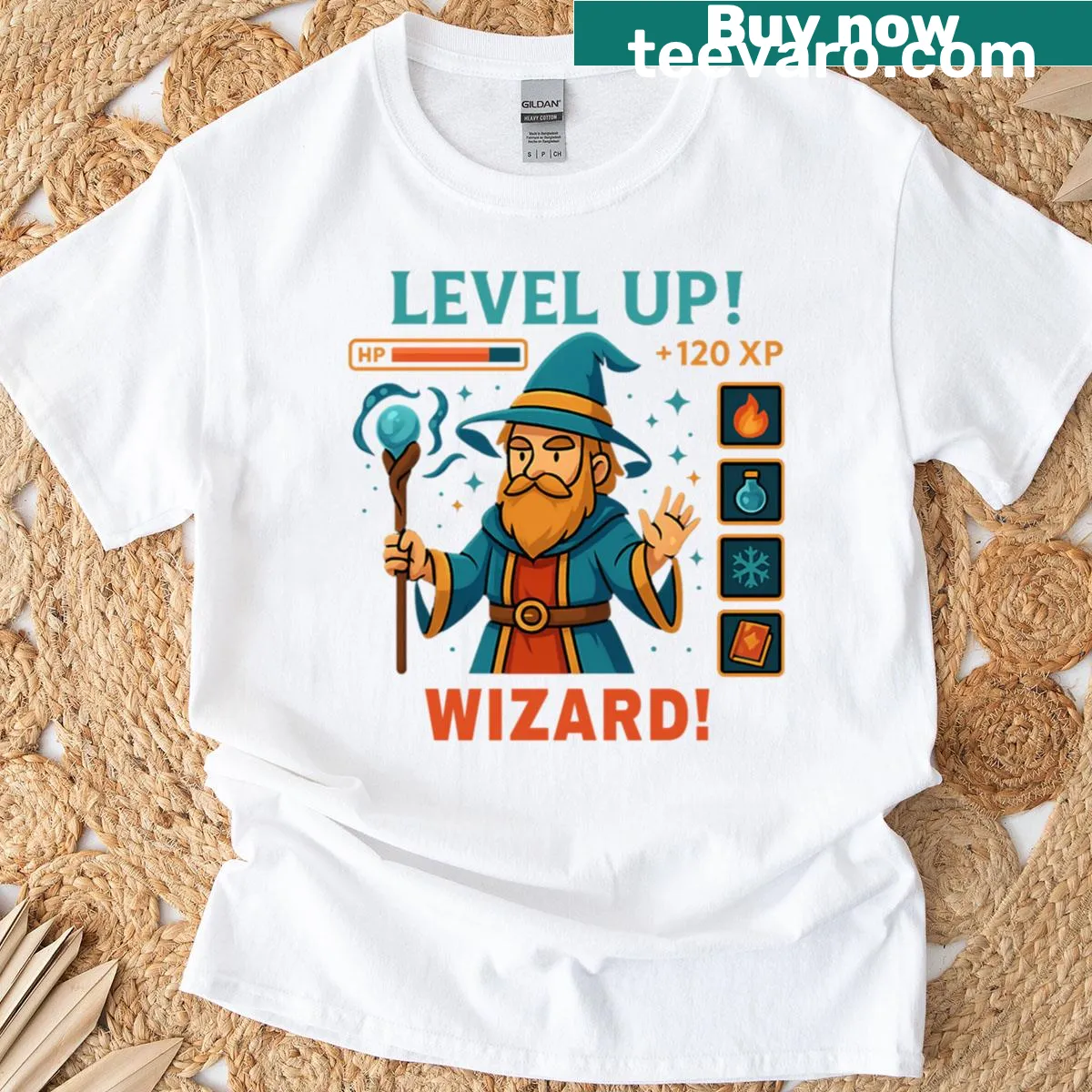 Cute RPG mage graphic for a gaming t-shirt — on a men's t-shirt