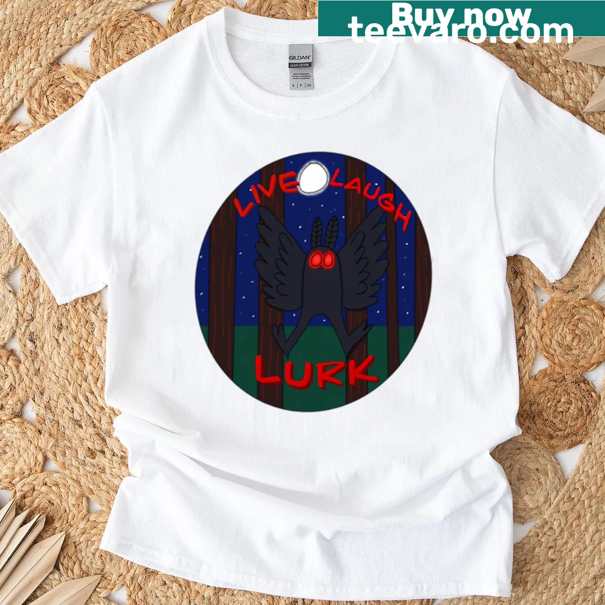 Mothman graphic with 'Live Laugh Lurk' text on a T-shirt — on a men's t-shirt