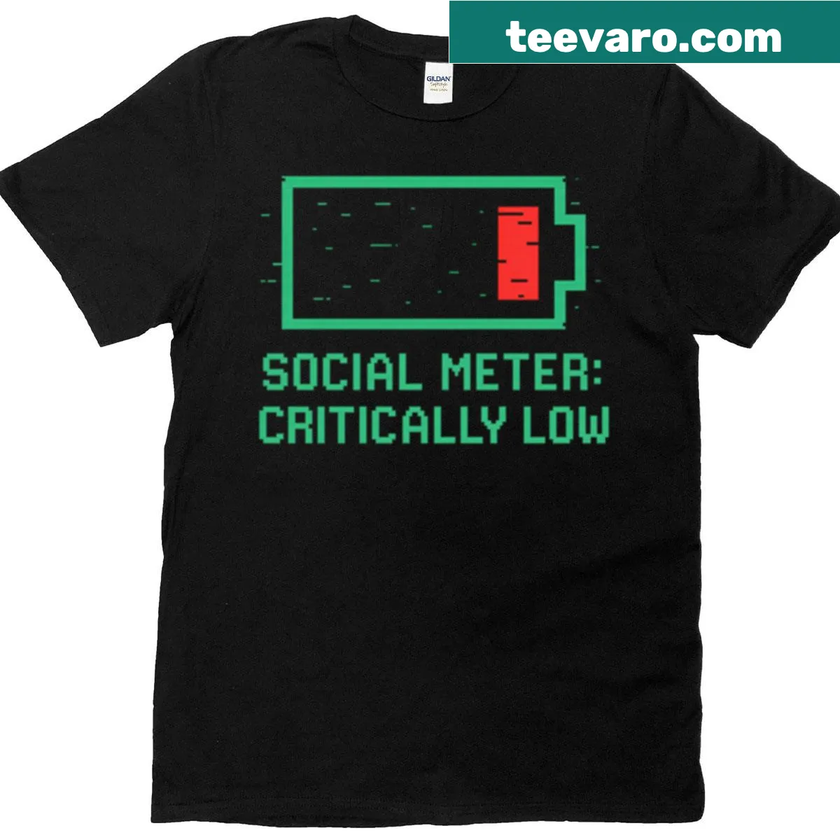 T-shirt with 'Low Battery' social meter graphic — on a men's t-shirt