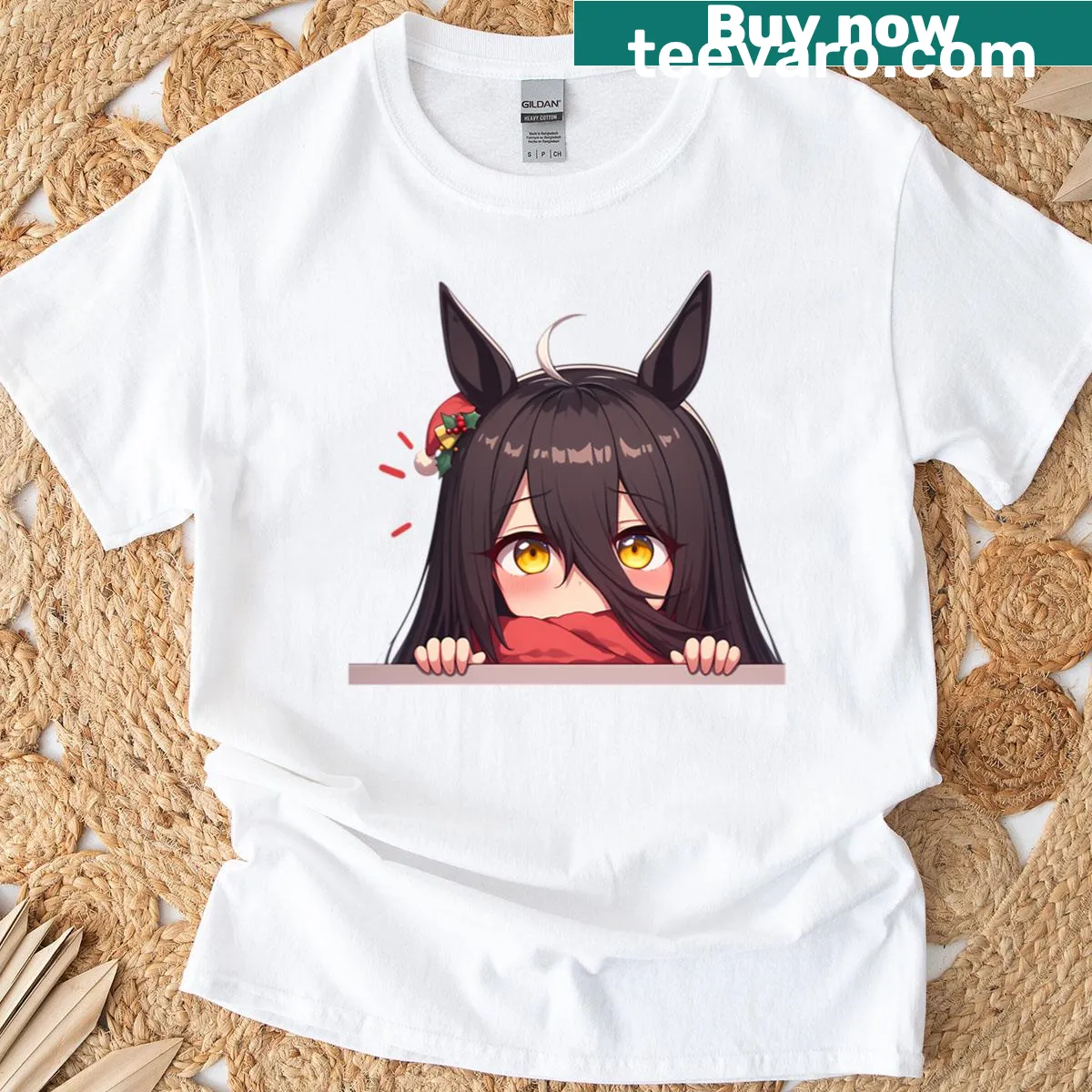 Chibi anime girl in Christmas attire on a t-shirt — on a men's t-shirt