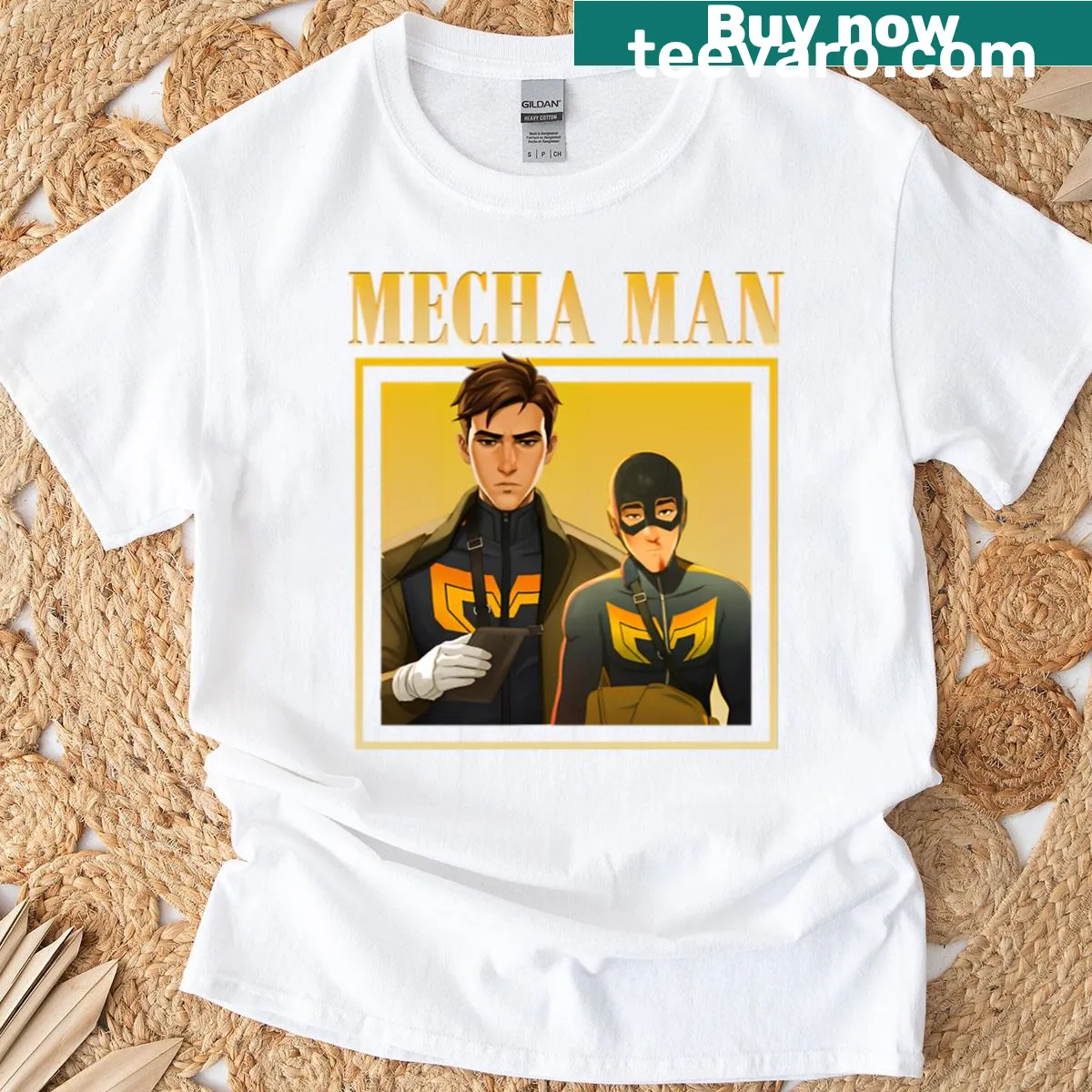 Illustrative design celebrating the Mecha Man Dispatch game. — on a men's t-shirt