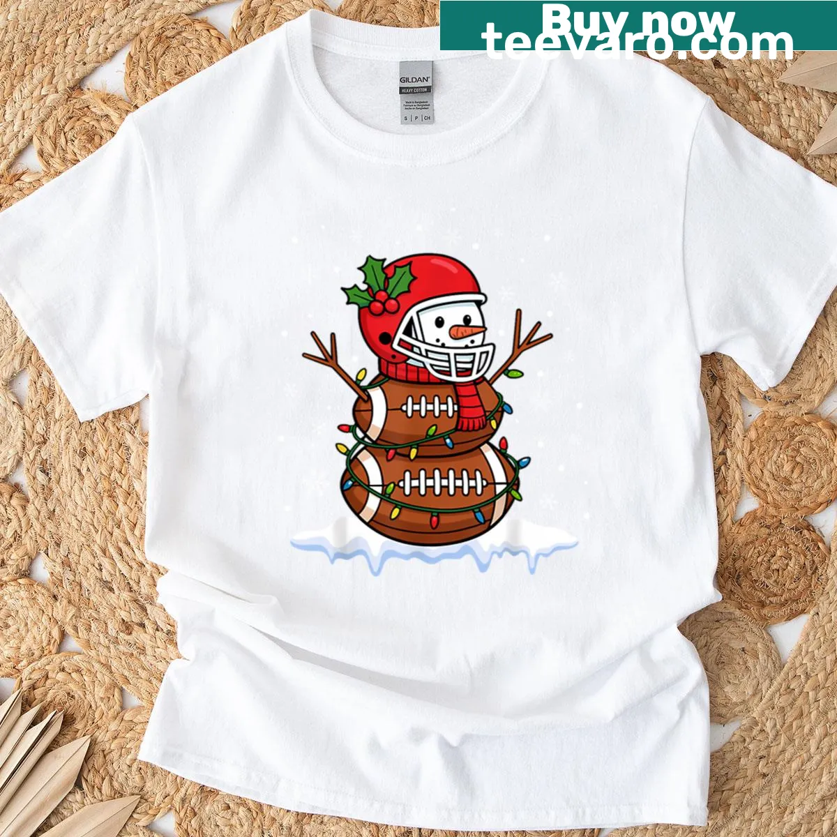 Football snowman illustration on a Christmas-themed shirt — on a men's t-shirt