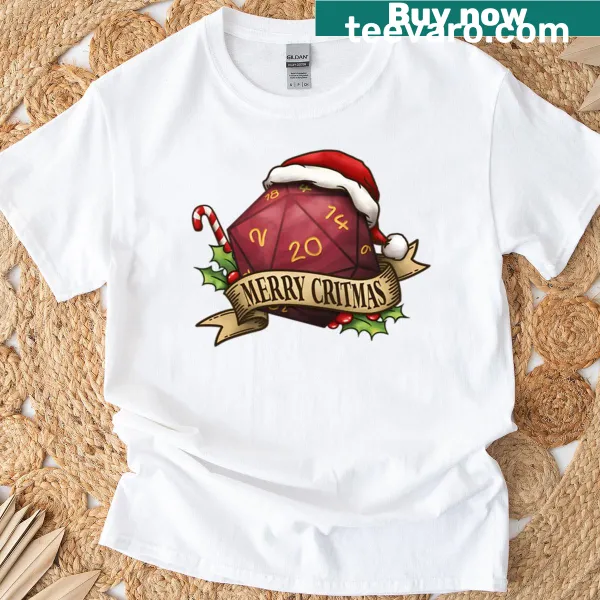 Merry Critmas design with D20 dice on T-shirt