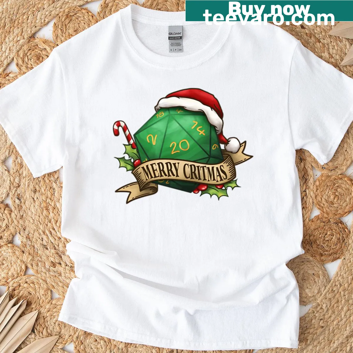 Christmas-themed D20 dice graphic on t-shirt — on a men's t-shirt