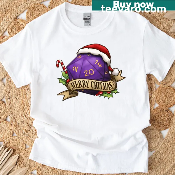 D20 dice design with Merry Critmas text on T-shirt