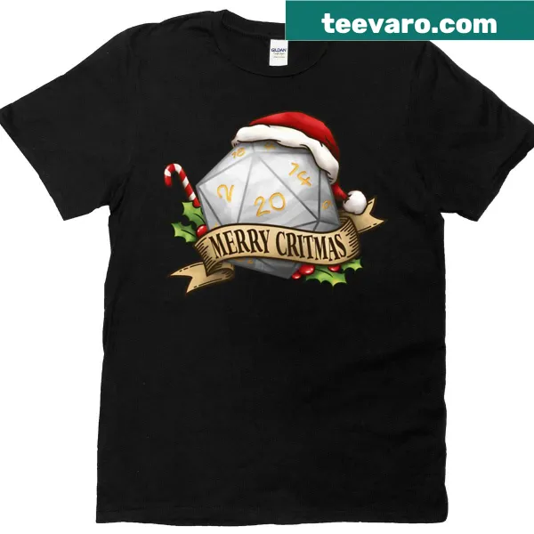 Funny Christmas T-shirt with D20 dice design and 'Merry Critmas' text.