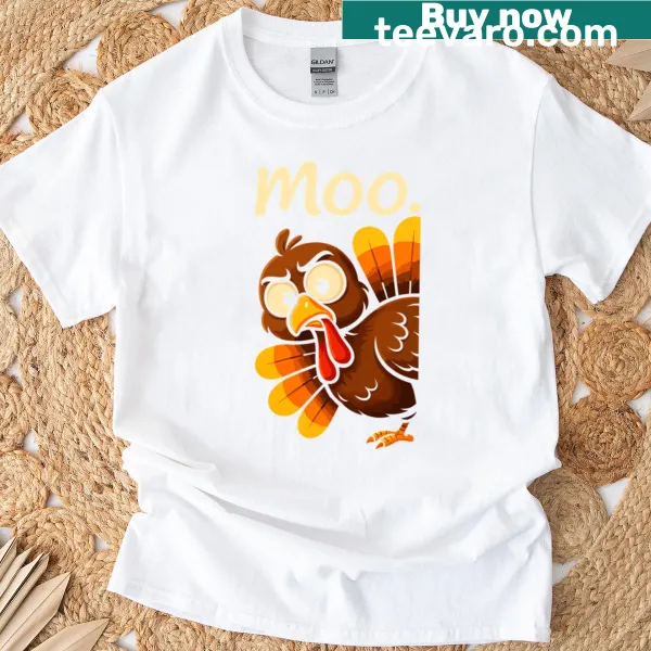 Funny Thanksgiving t-shirt with cartoon cow and turkey designs