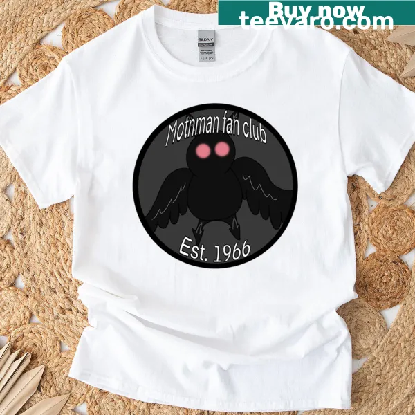 Humorous Mothman cartoon graphic on fan club t-shirt
