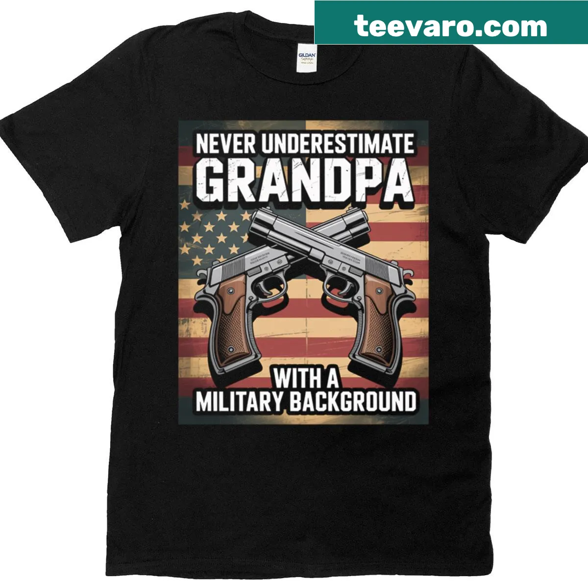 T-shirt reading 'Never Underestimate Grandpa' in playful typography — on a men's t-shirt