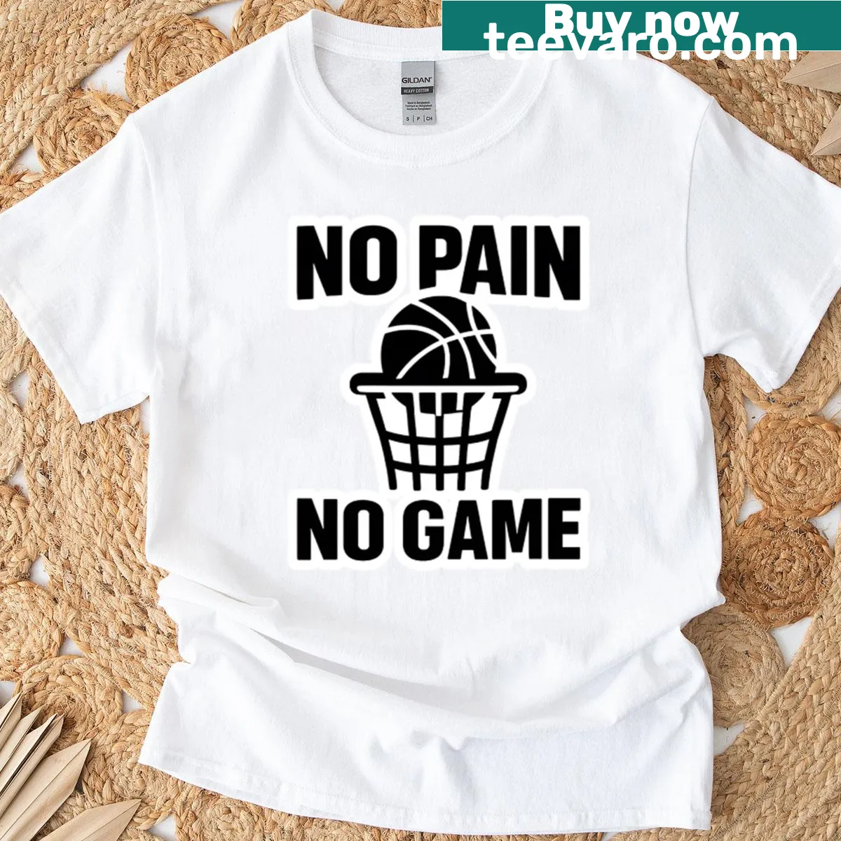 Inspirational 'No Pain No Game' basketball t-shirt — on a men's t-shirt