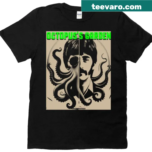T-shirt featuring an illustration of an underwater octopus garden.