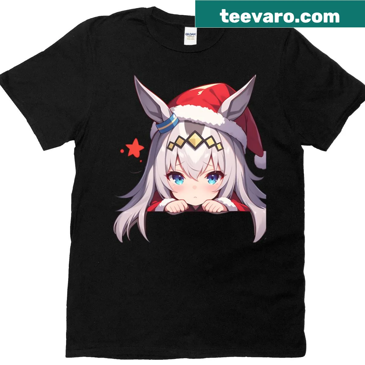 Kawaii Christmas anime girl t-shirt featuring Uma Musume characters — on a men's t-shirt