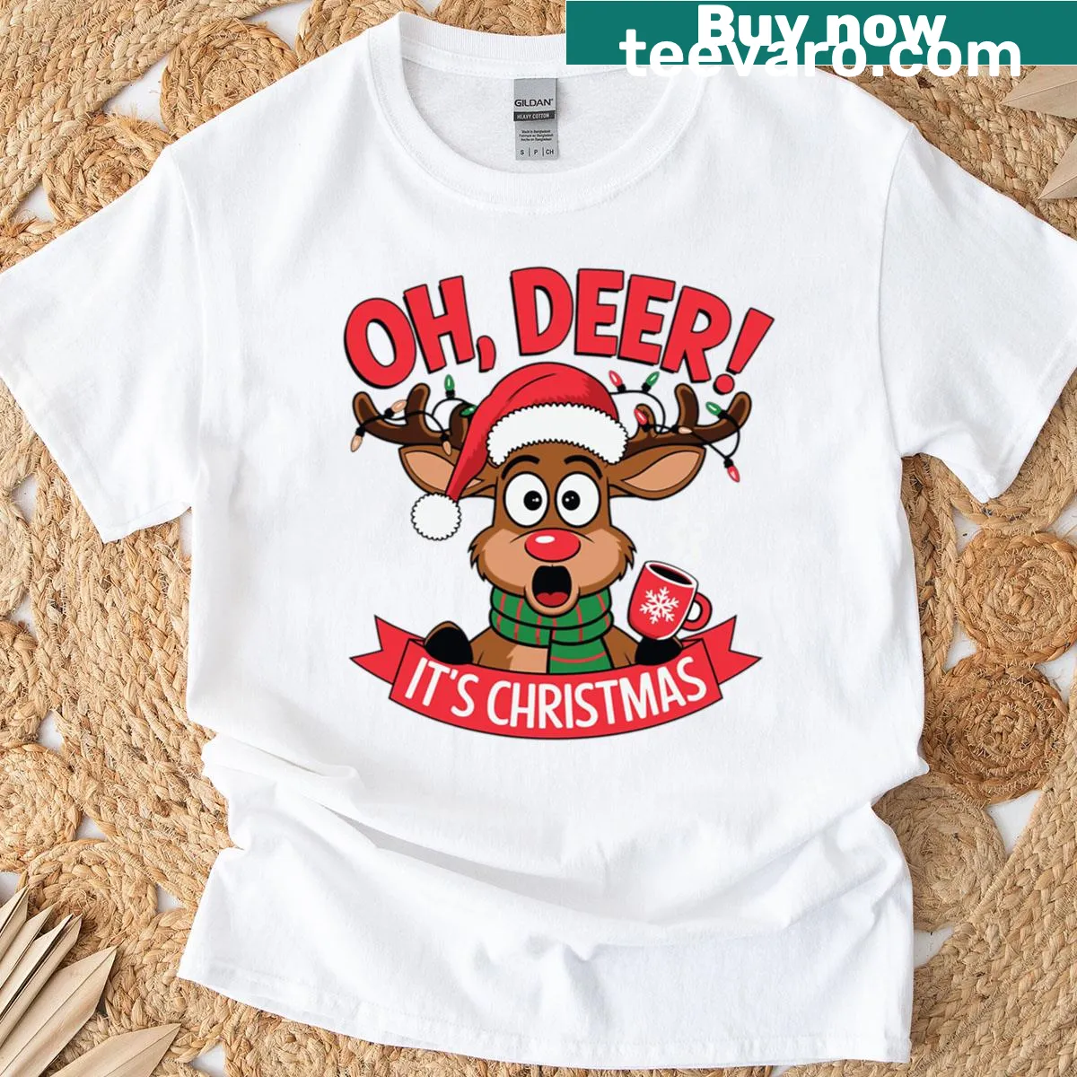 Playful Christmas deer graphic T-shirt with festive text — on a men's t-shirt
