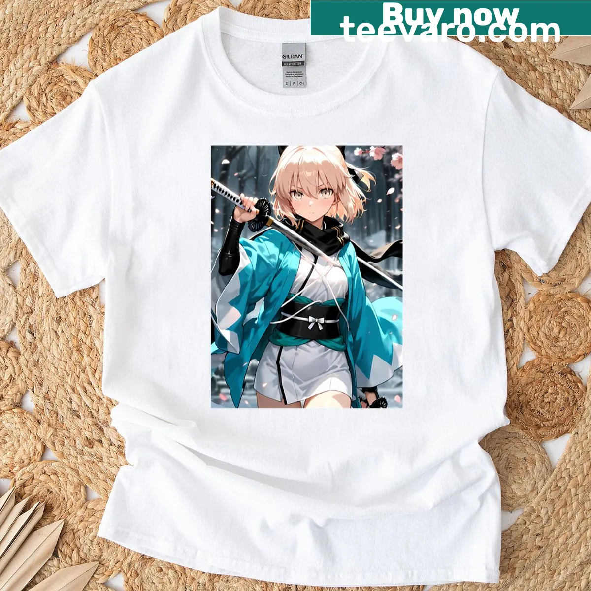 Anime-themed T-shirt featuring Okita Souji with sakura flowers — on a men's t-shirt