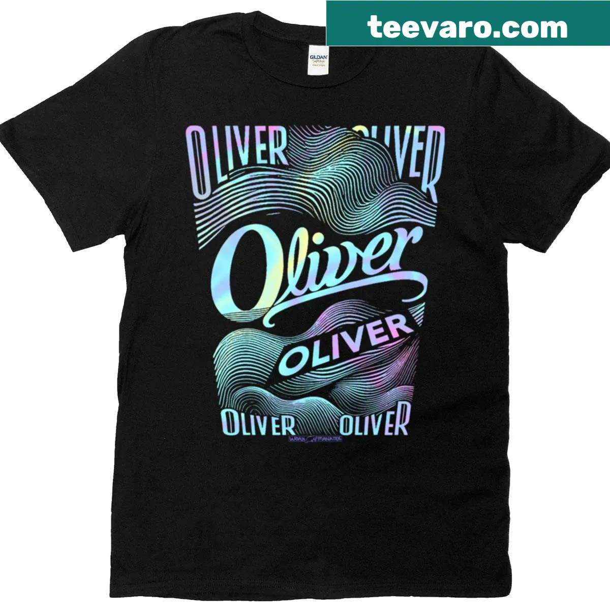 T-shirt featuring the name 'Oliver' in bold text — on a men's t-shirt