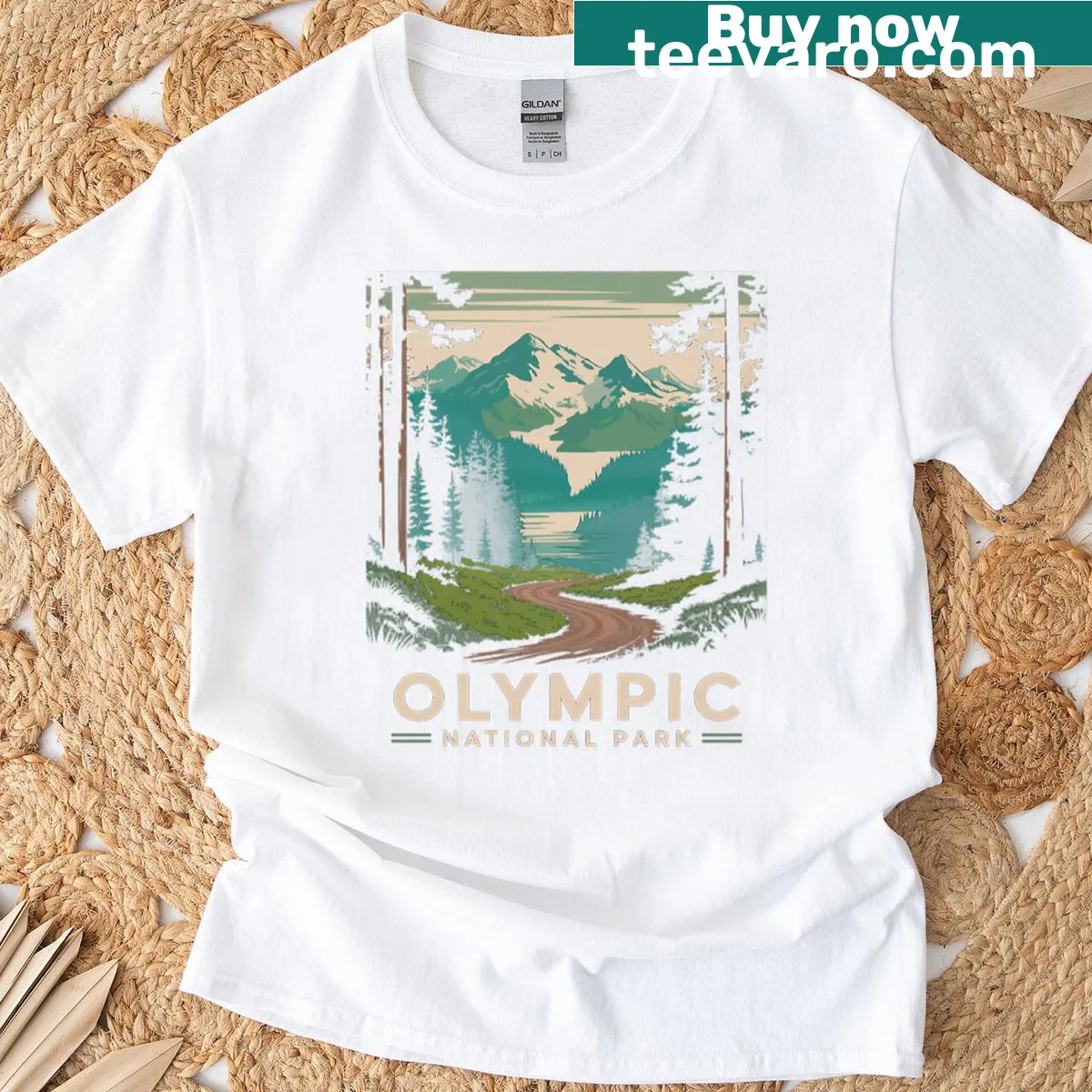 T-shirt featuring scenic illustration of Olympic National Park — on a men's t-shirt