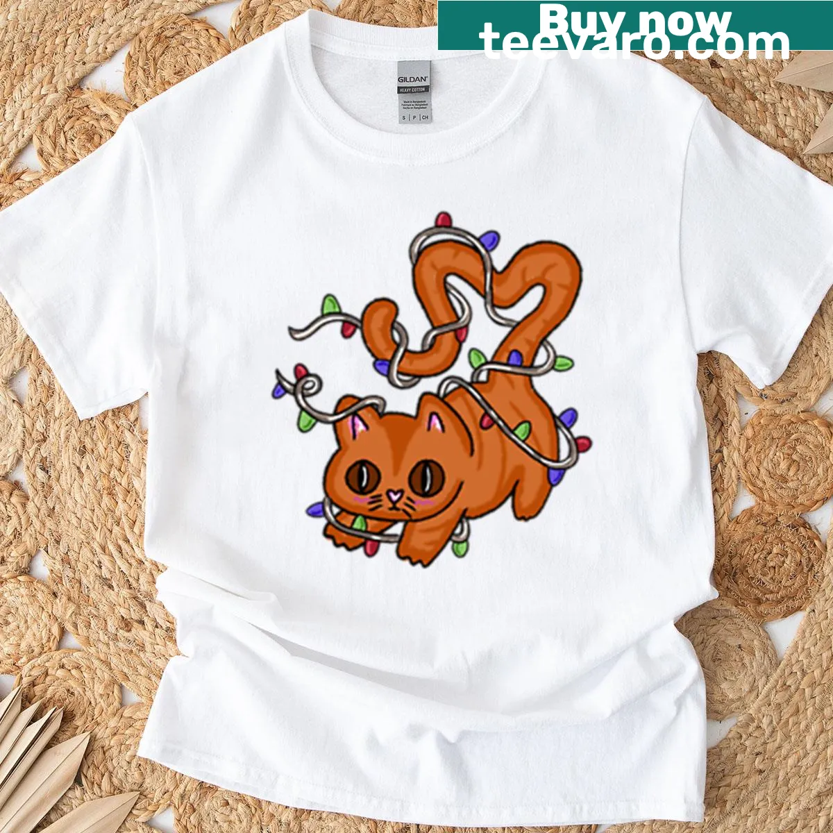 Playful cat with Christmas lights graphic on t-shirt — on a men's t-shirt