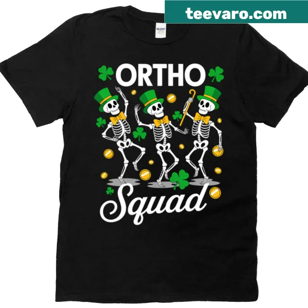 Funny St. Patrick's Day tee with orthopedic skeletons and shamrocks.