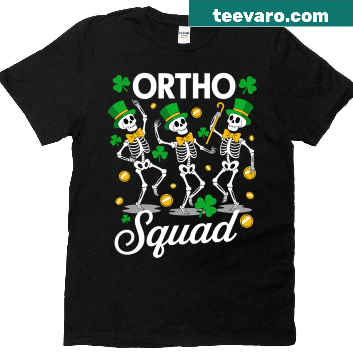 Funny St. Patrick's Day tee with orthopedic skeletons and shamrocks. — on a men's t-shirt