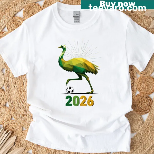 Soccer-themed t-shirt with ostrich and emu in geometric design
