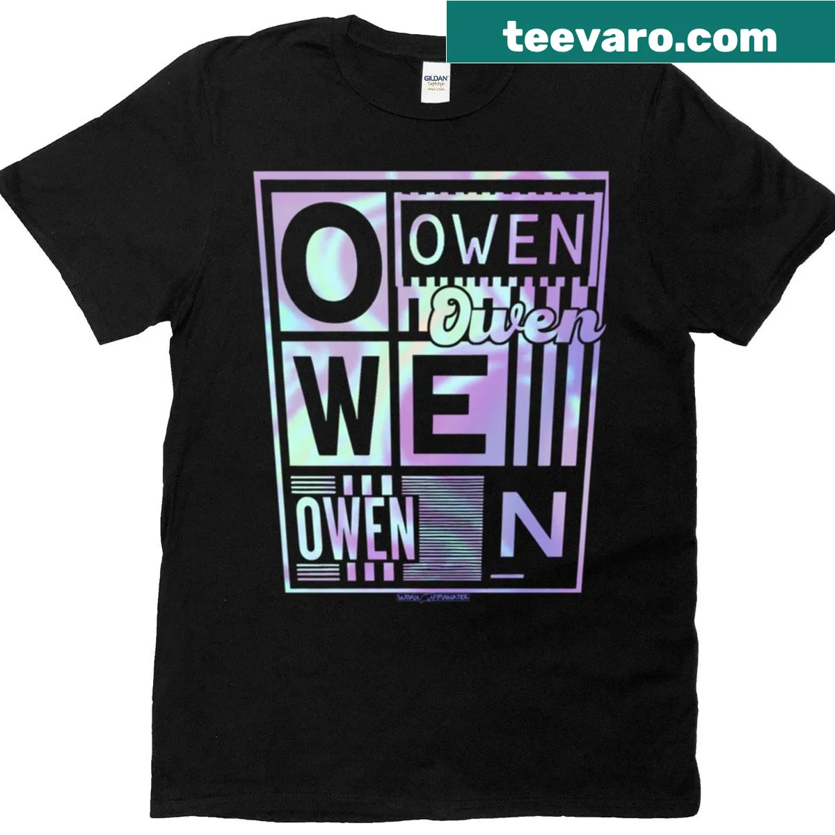 Personalized t-shirt featuring the name Owen in stylish typography — on a men's t-shirt