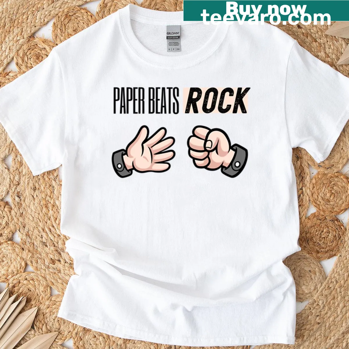 T-shirt featuring the phrase 'Paper Beats Rock' in playful typography — on a men's t-shirt