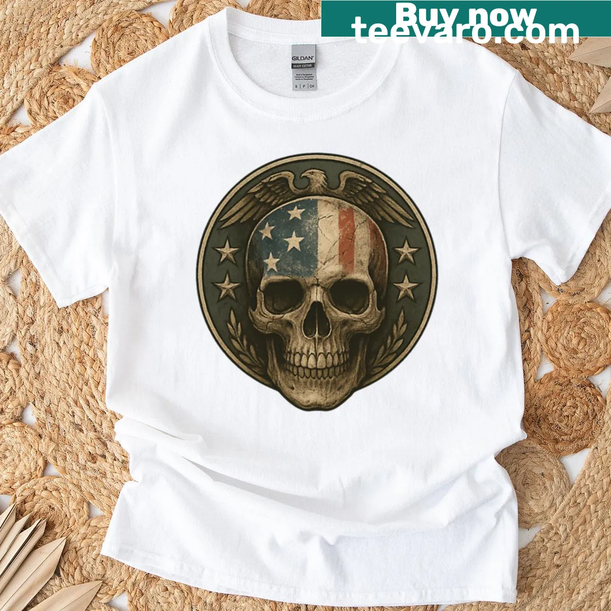 T-shirt featuring a patriotic skull with eagle and laurel — on a men's t-shirt