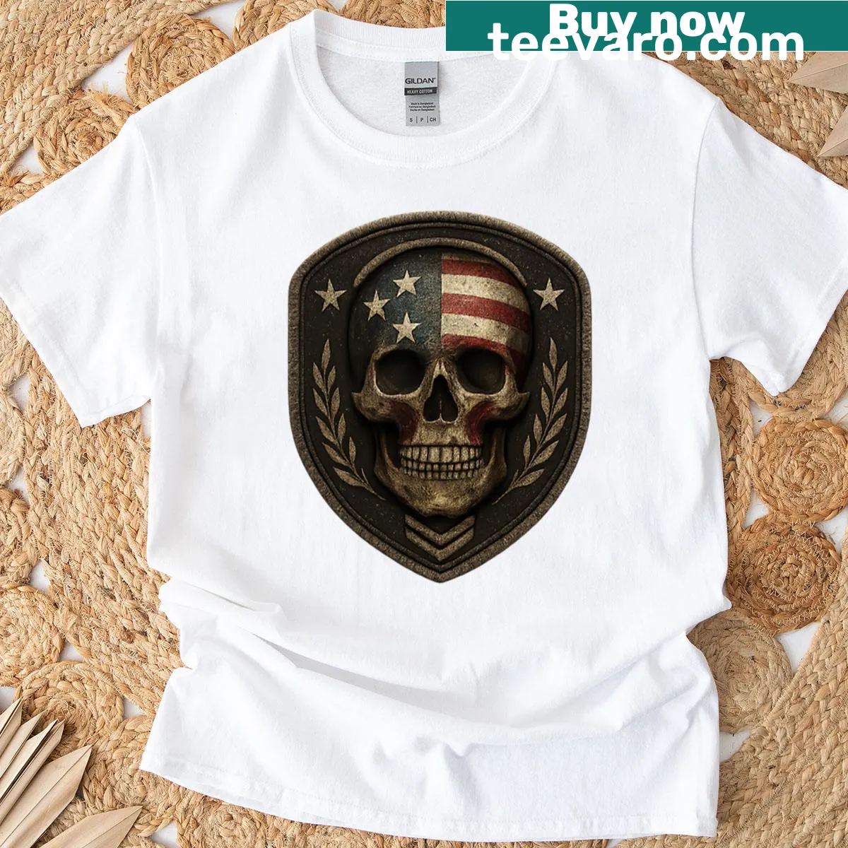 T-shirt featuring a skull and shield design with laurel leaves — on a men's t-shirt